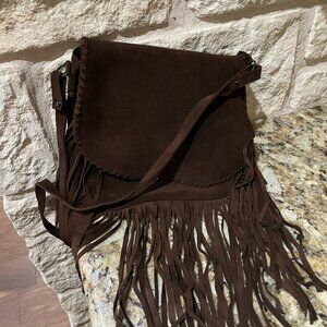 Leather Hobo Fringe Crossbody Tassel Handbag, Dark Brown